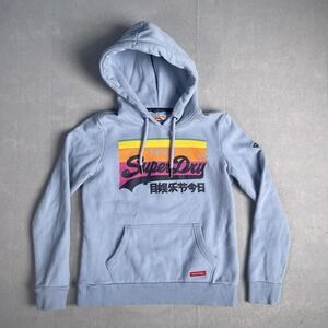 Superdry Hooded Pullover Long Sleeve Sweatshirt Woman Sz 8 Sky Blue Graphic Prin